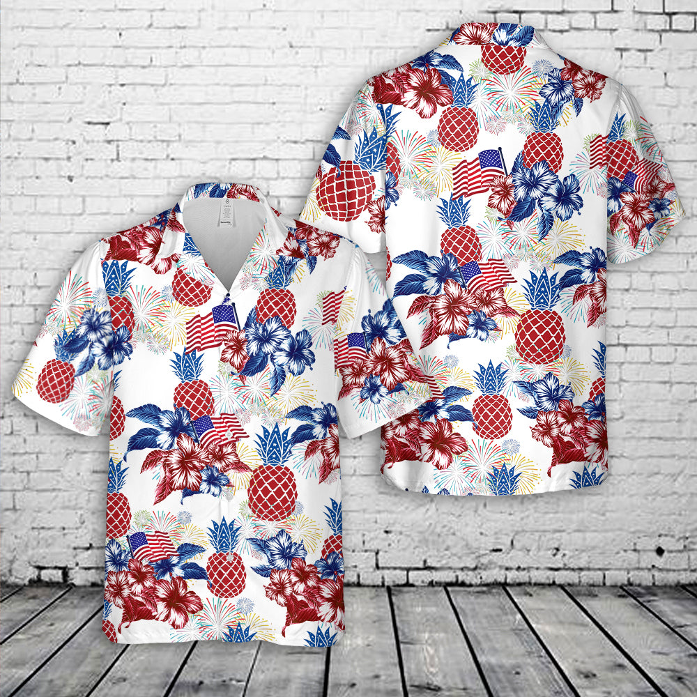Red White and Blue Pineapple 4th of July Hawaiian Shirt
