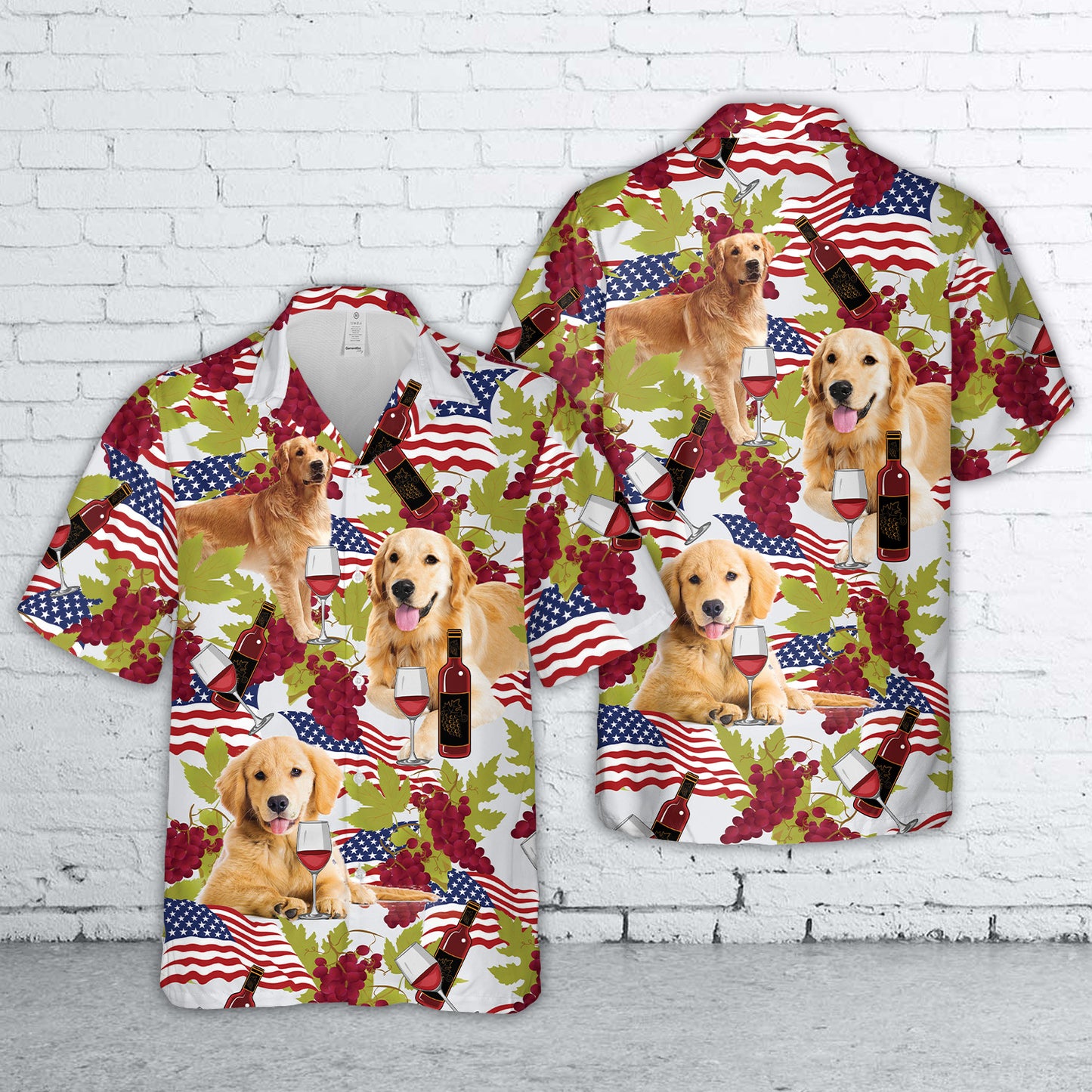 Red Wine And Golden Retriever Dog US Flag Hawaiian Shirt