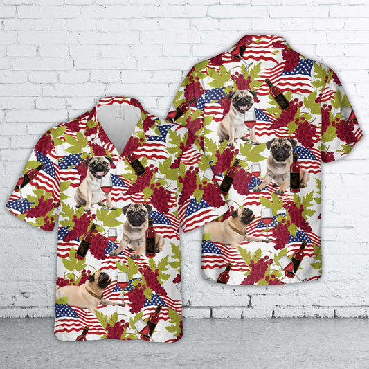 Red Wine And Pug US Flag Hawaiian Shirt