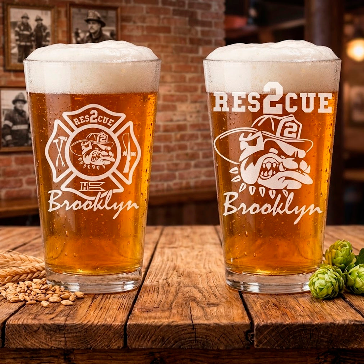 Rescue 2 With Fire Fighting Bulldog - Brooklyn New York Fire Department 16oz Pint Beer Glass