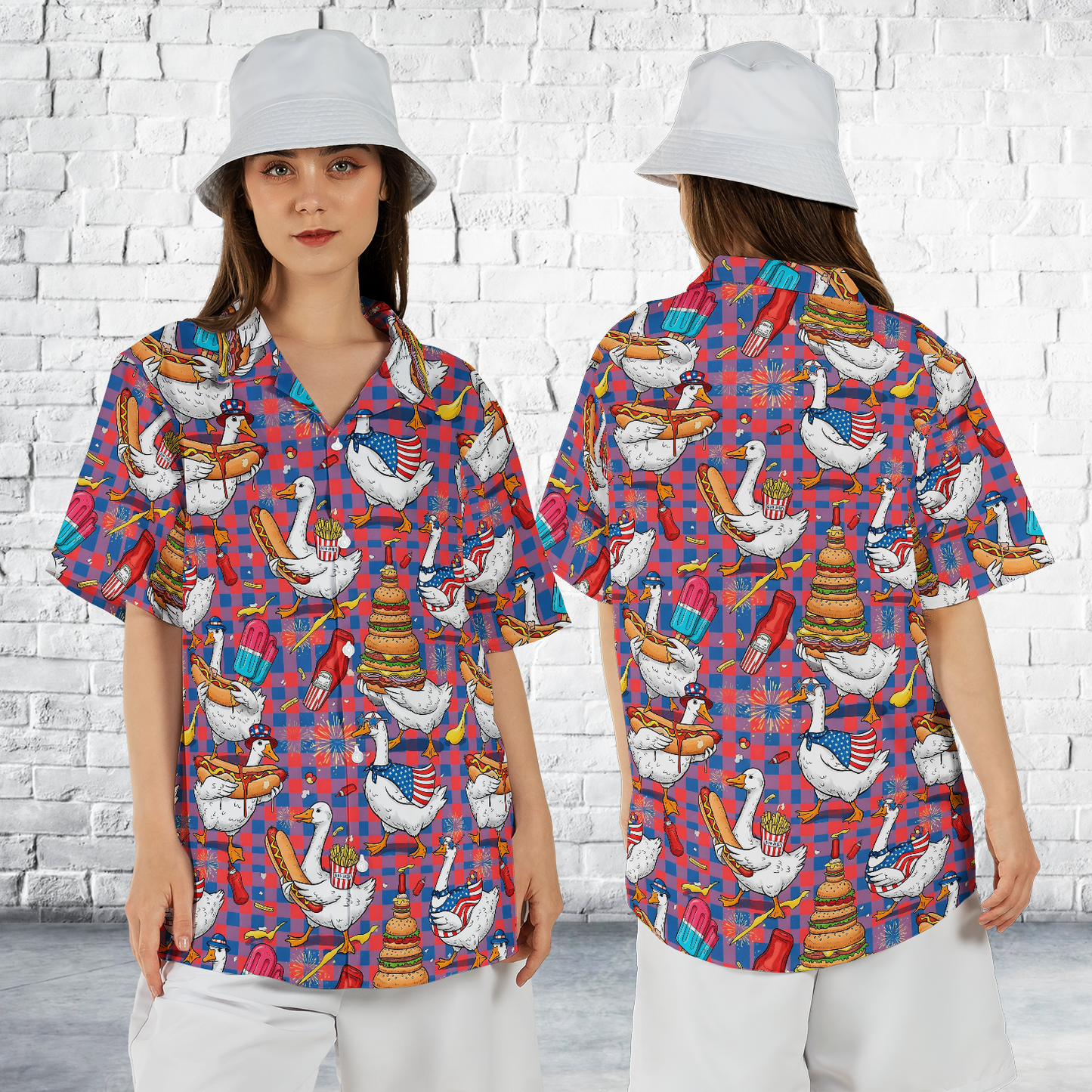 Retro Patriotic Hot Dog Ice Cream Goose, 4th Of July Regular Fit Hawaiian Shirt