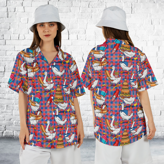 Retro Patriotic Hot Dog Ice Cream Goose, 4th Of July Regular Fit Hawaiian Shirt