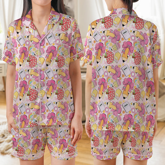 Retro Teacher Seamles AOP Satin Short-Sleeve Pajamas Set