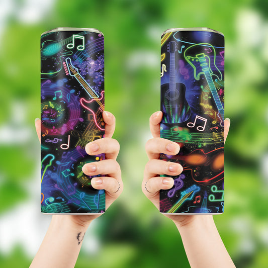 Rockstar - Neon Music Notes And Guitars Skinny Tumbler Stainless Steel with Lids 20OZ
