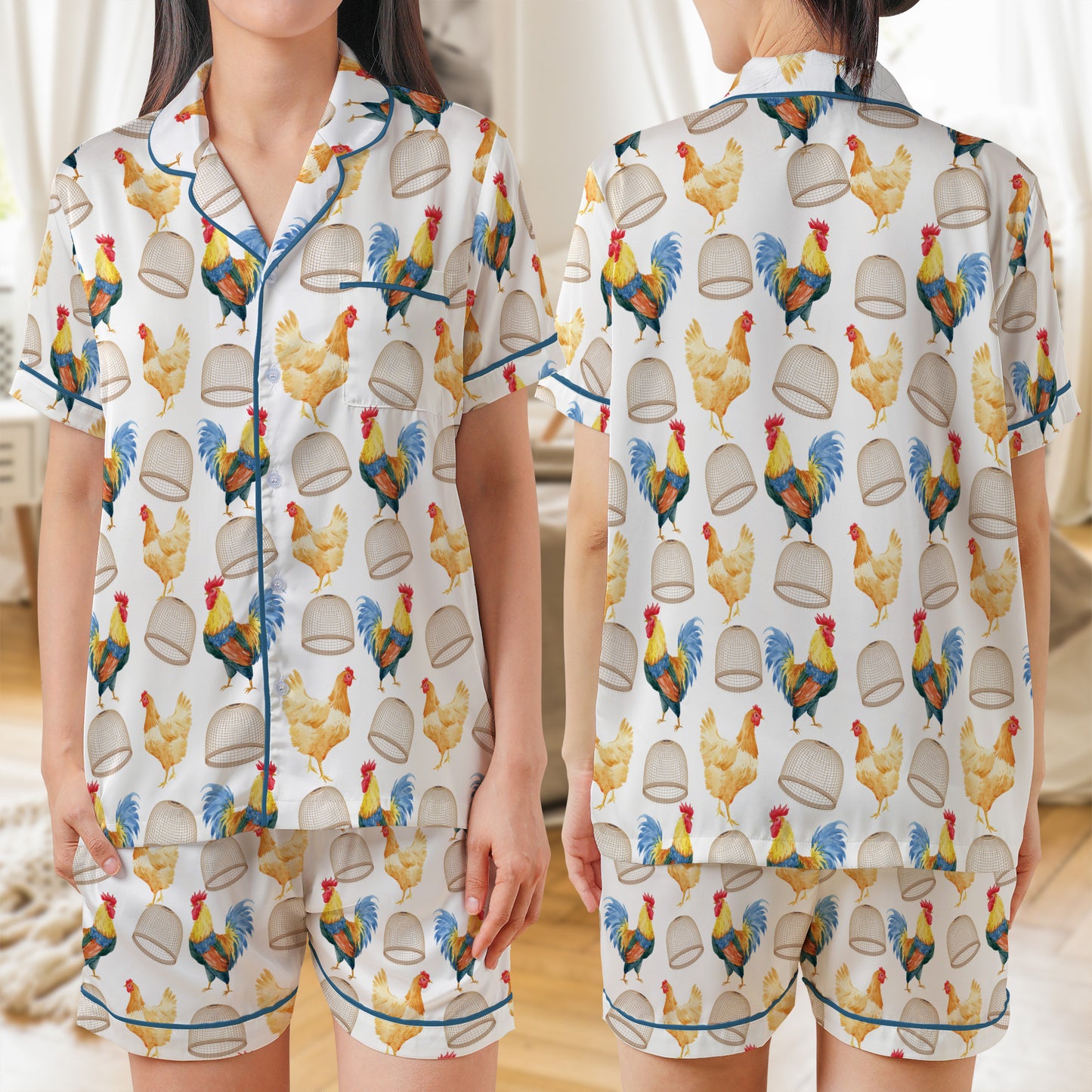 Rooster AOP Satin Short-Sleeve Pajamas Set