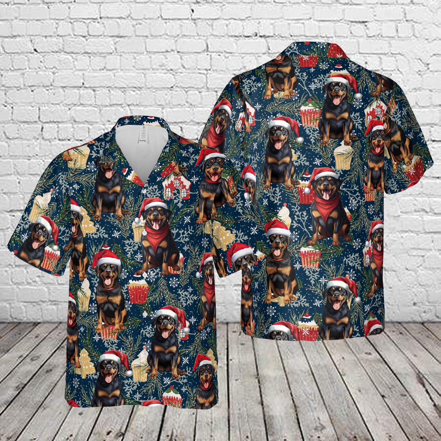 Rottweiler Dog Wearing Santa Hat Christmas Hawaiian Shirt