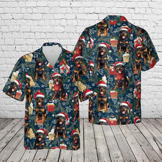Rottweiler Dog Wearing Santa Hat Christmas Hawaiian Shirt