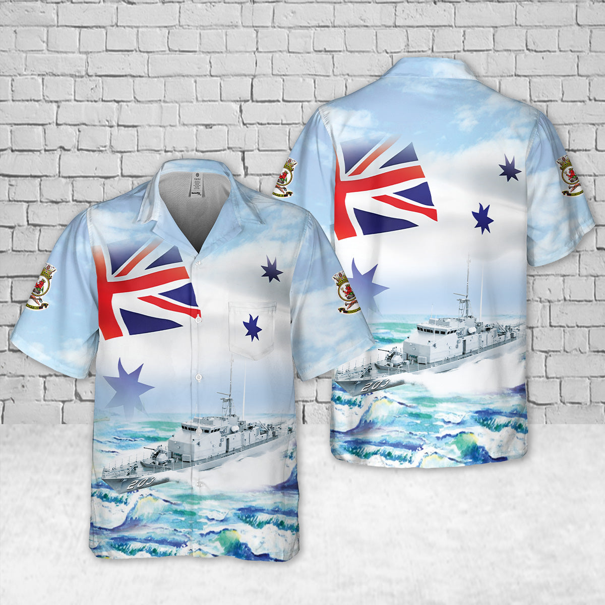 Royal Australian Navy HMAS Fremantle (FCPB 203) Fremantle-class patrol boat Australian White Ensign Pocket Hawaiian Shirt