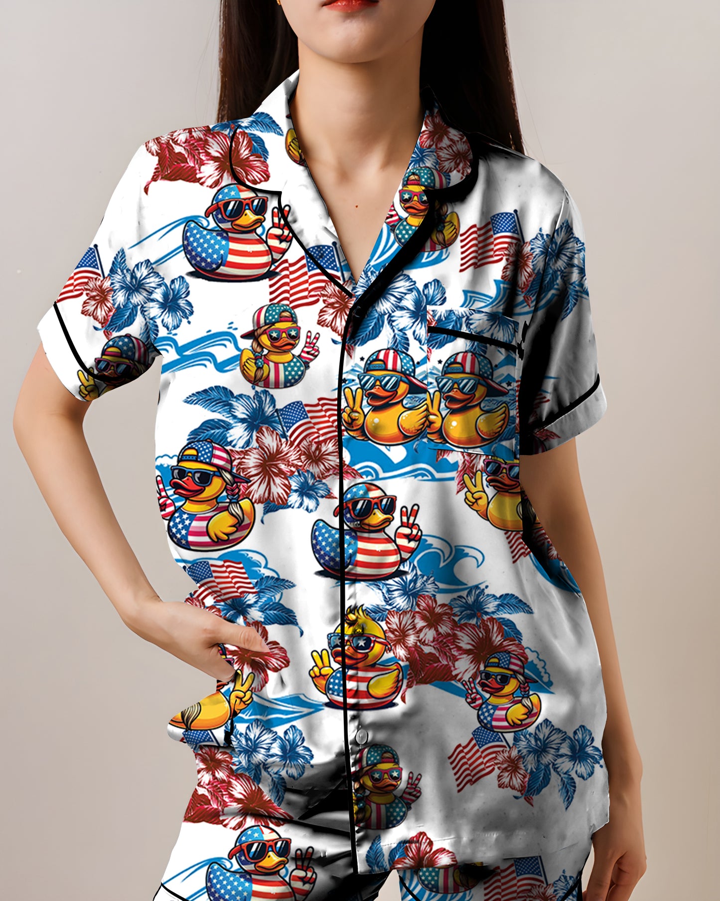 Rubber Duck Wave American Flag AOP Satin Short-Sleeve Pajamas Set