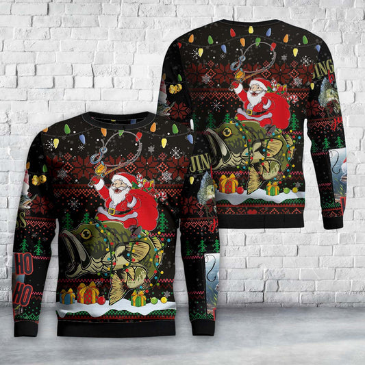Santa Riding Bass Fish Ugly Christmas Sweater