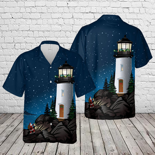 Santa climbing cliffs to lighthouse Hawaiian Shirt