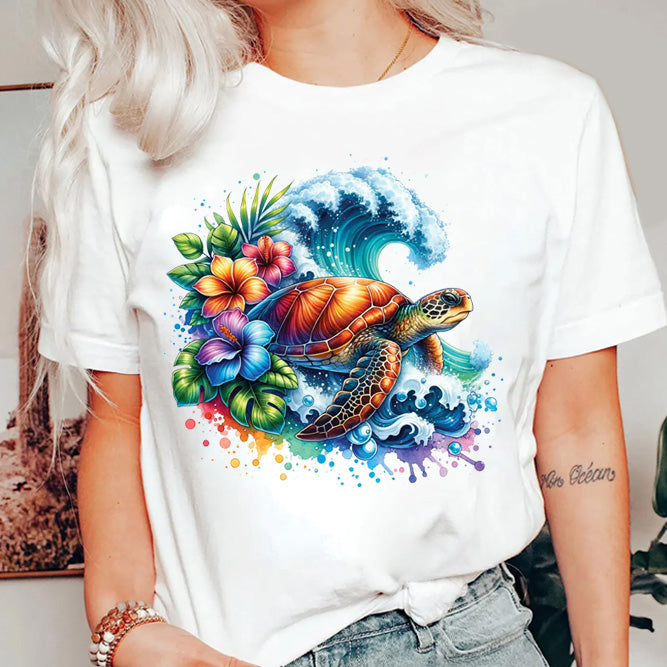 Sea Turtle Tropical Flowers Classic Unisex T-Shirt Gildan 5000 (Made In US)