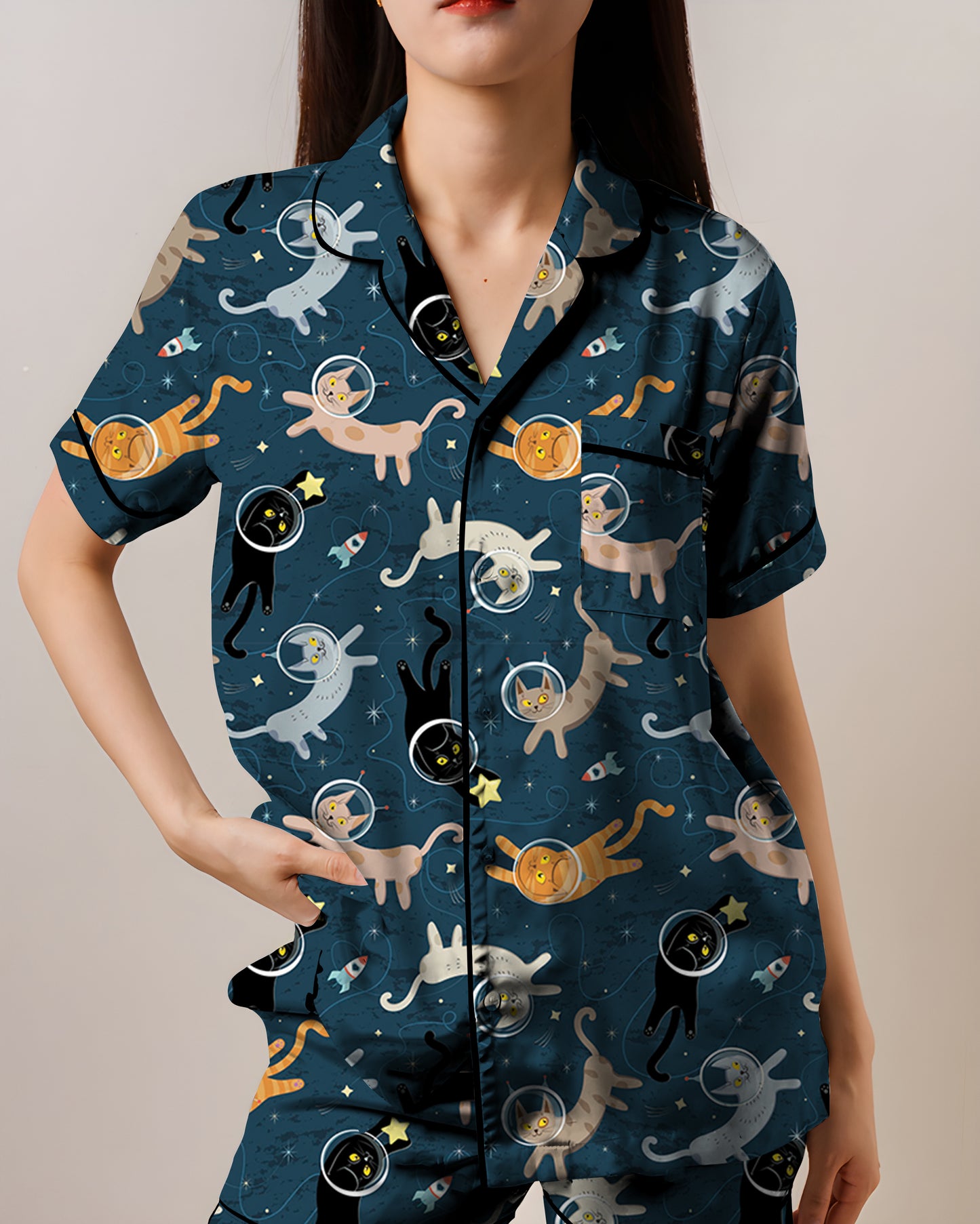 Seamless Space Cats AOP Satin Short-Sleeve Pajamas Set