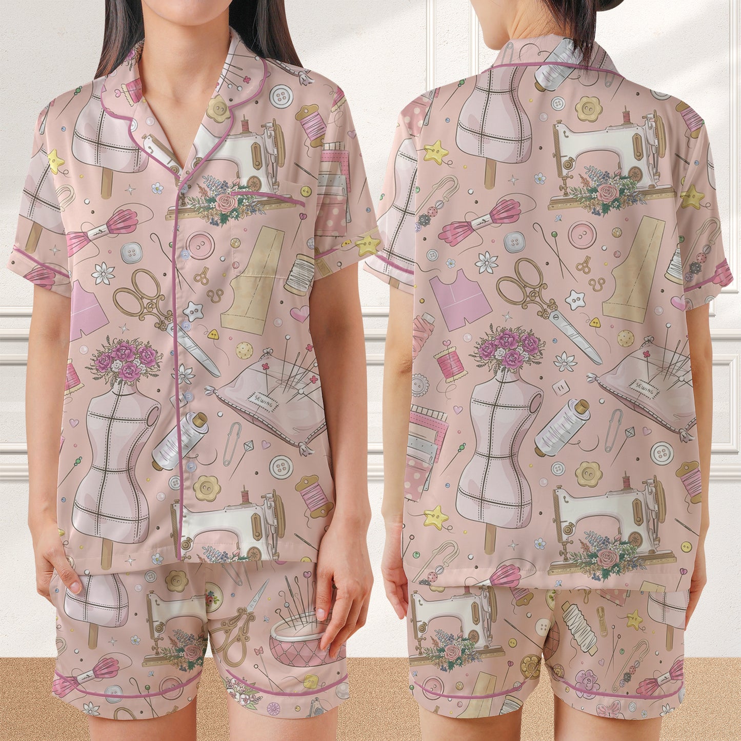 Sewing Machine Seamless AOP Satin Short-Sleeve Pajamas Set