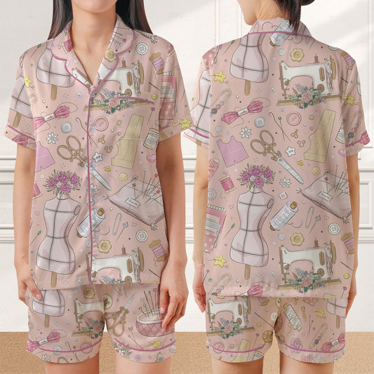 Sewing Machine Seamless AOP Satin Short-Sleeve Pajamas Set