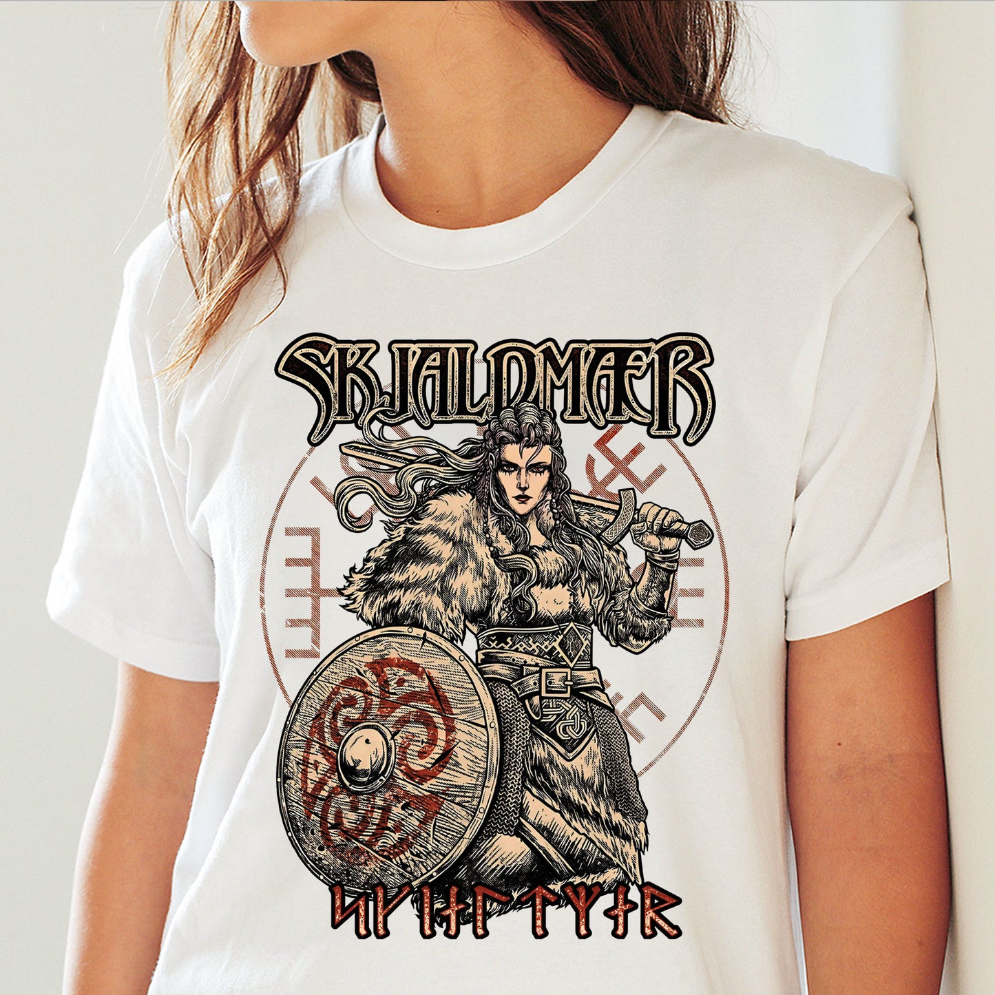 Skjaldmaer Shieldmaiden Norse Younger Futhark Runes Female Viking Warrior Vegvisir Classic Unisex T-Shirt Gildan 5000 (Made In US)