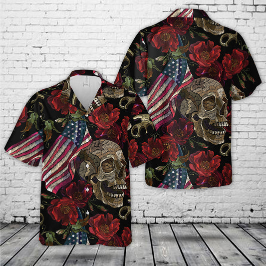 Skulls Red Roses Flag Hawaiian Shirt