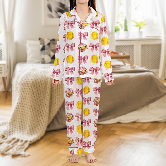 Softball Coquette Bow AOP Pajamas Set