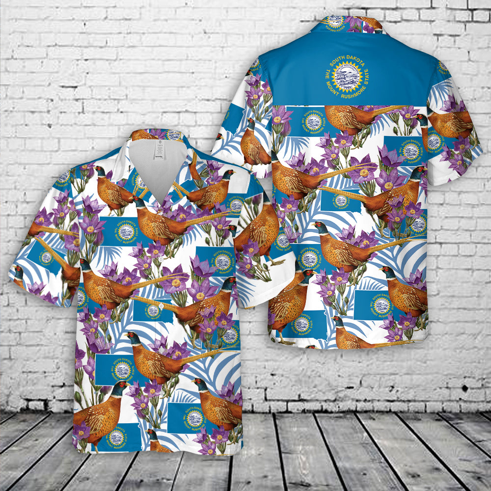 South Dakota State Bird and Flower Ring-Necked Pheasant & Pasqueflower Hawaiian Shirt