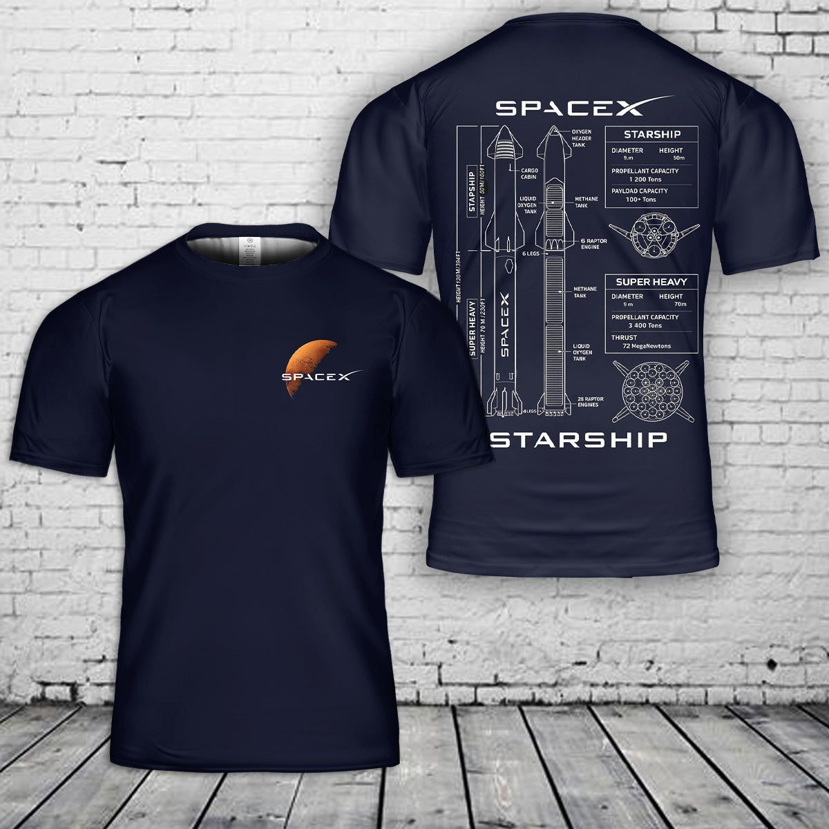 Spacex Starship Model BluePrint 3D T-Shirt