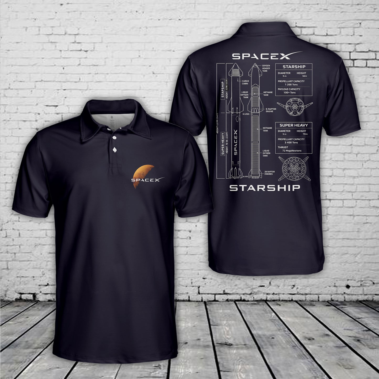 Spacex Starship Model BluePrint Polo Shirt
