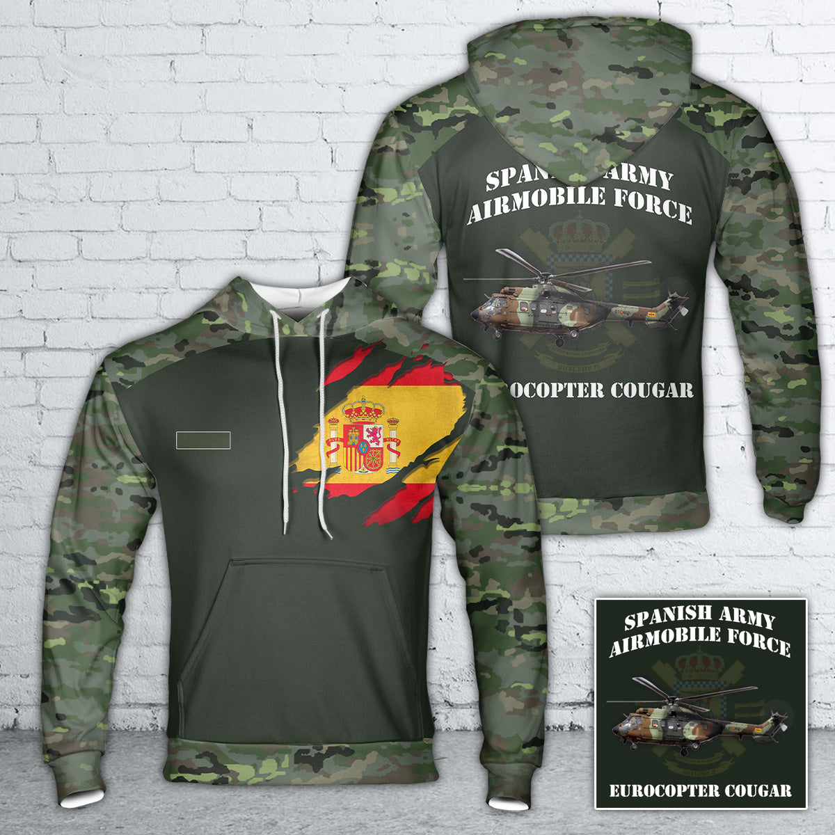 Custom Name Spanish Army Airmobile Force Eurocopter Cougar Hoodie 3D