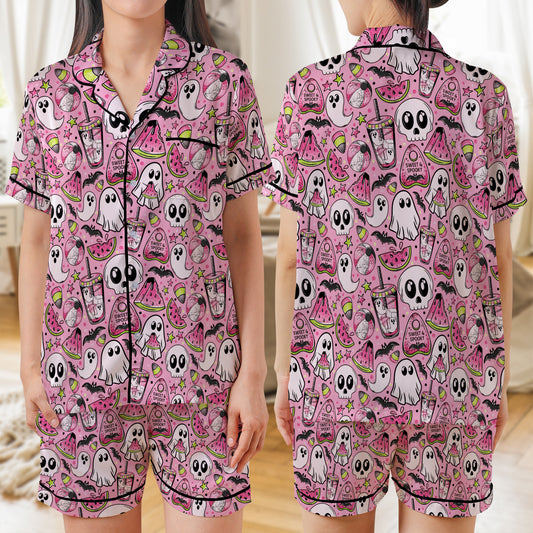 Spooky Watermelon Seamless AOP Satin Short-Sleeve Pajamas Set