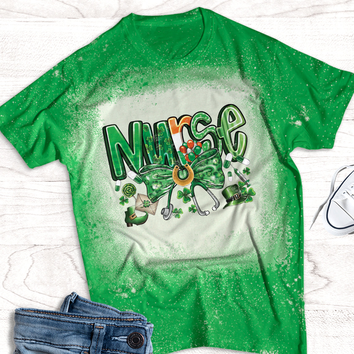 St. Patrick's Day Nurse Bleached T-Shirt