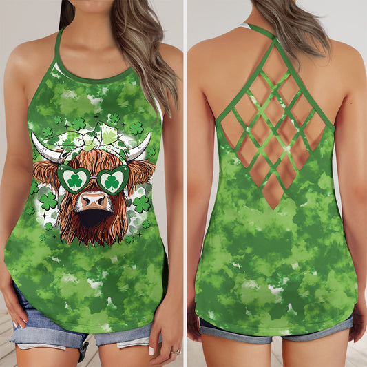 St Patrick's Day Highland Cow Criss Cross Open Back Tank Top