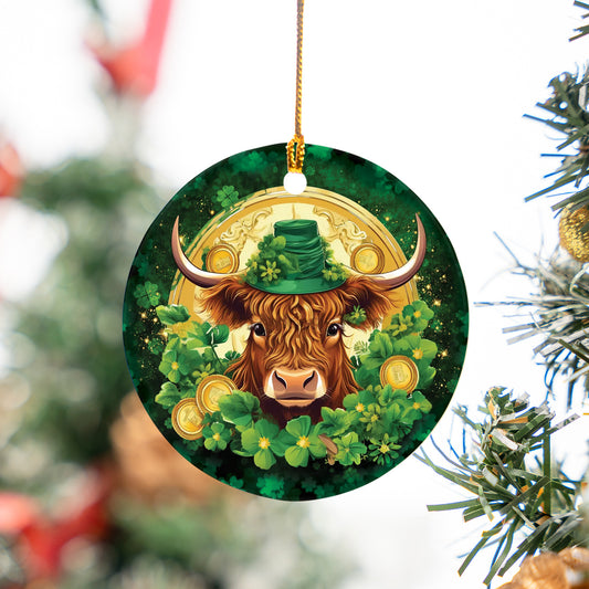 St Patrick's Day Highland Cow Ceramic Ornament