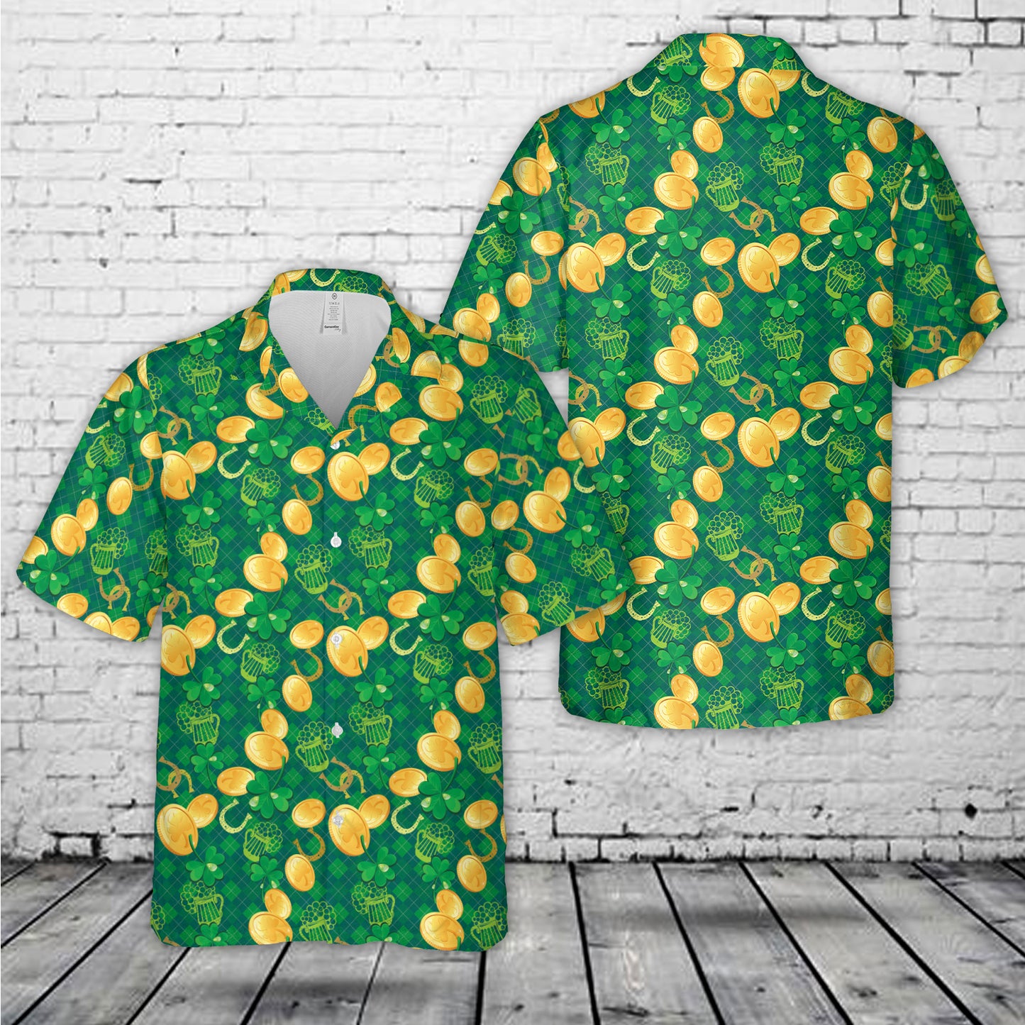 St Patricks Day Shamrock And Golden Coins On Checkered Background Hawaiian Shirt