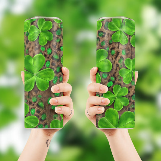 St Patricks Day Shamrock And Leopard Distressed Background Skinny Tumbler Stainless Steel with Lids 20OZ