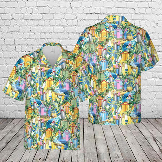 Surfboards Wooden Beach Houses Tropical Plants And Flowers Hawaiian Shirt