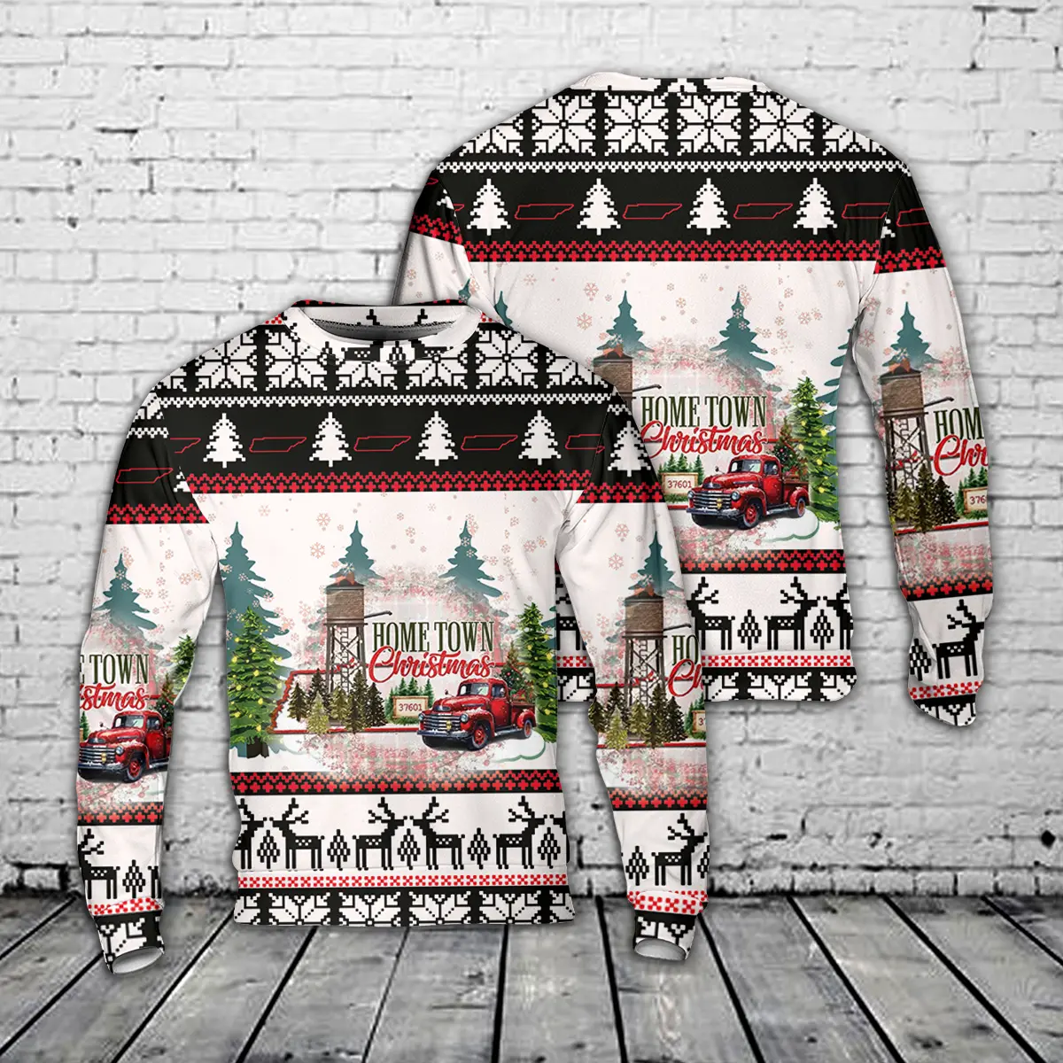 TENNESSEE Hometown Water Tower Southern Christmas Vintage Truck AOP Christmas Sweater