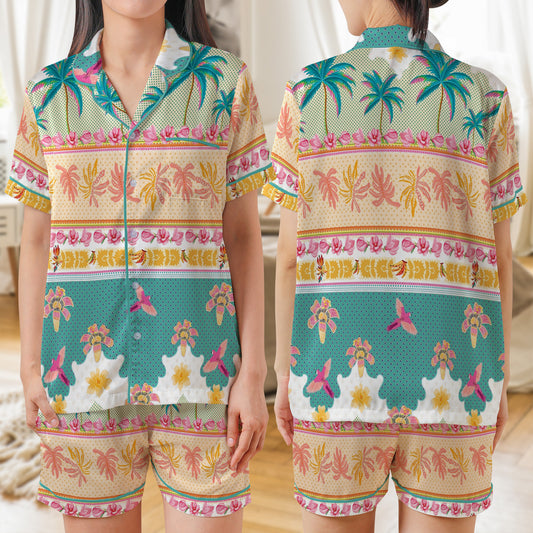TROPICAL PATTERN AOP Satin Short-Sleeve Pajamas Set