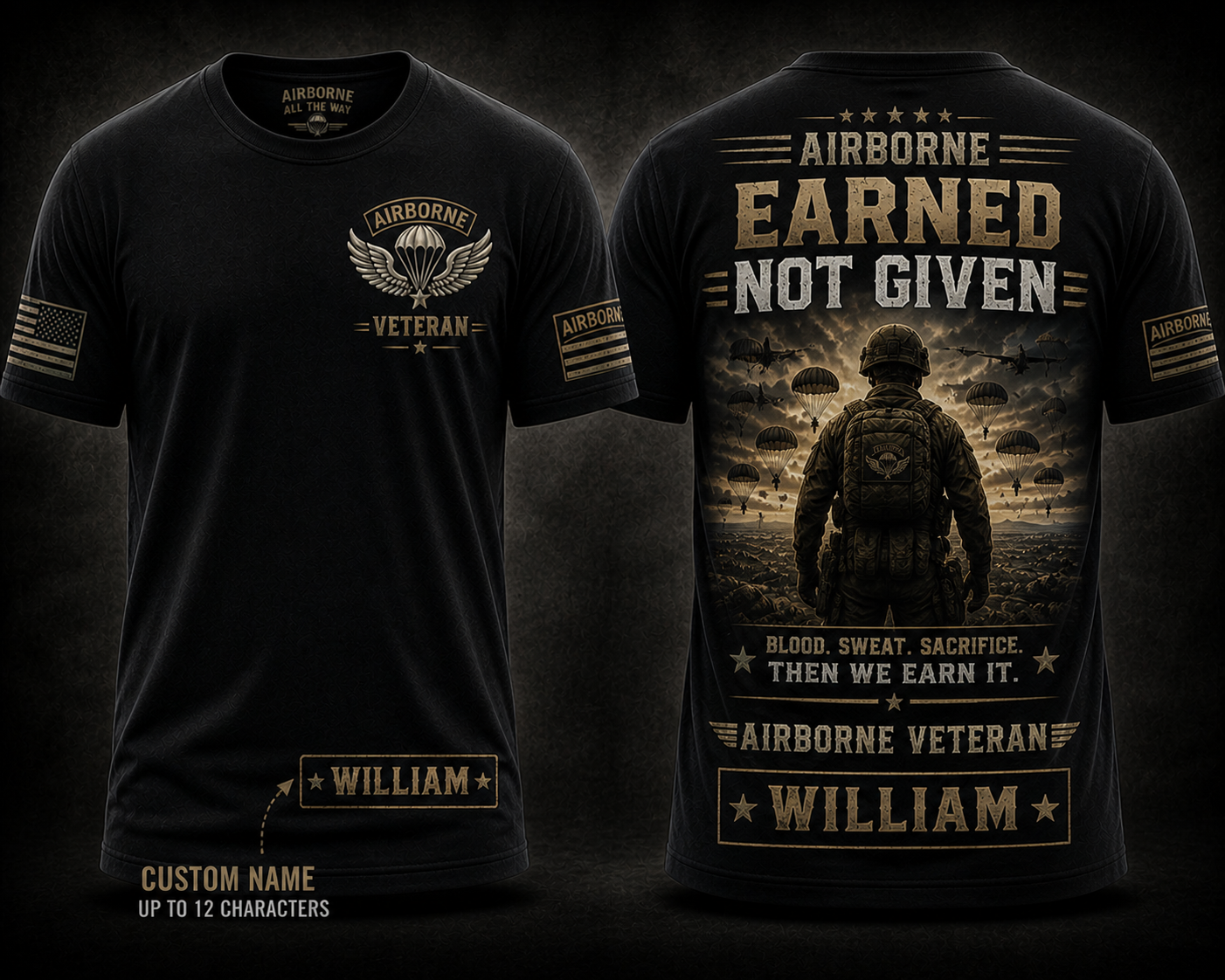 Earned Not Given Airborne Veteran Shirt Military Elite Custom Name Tee