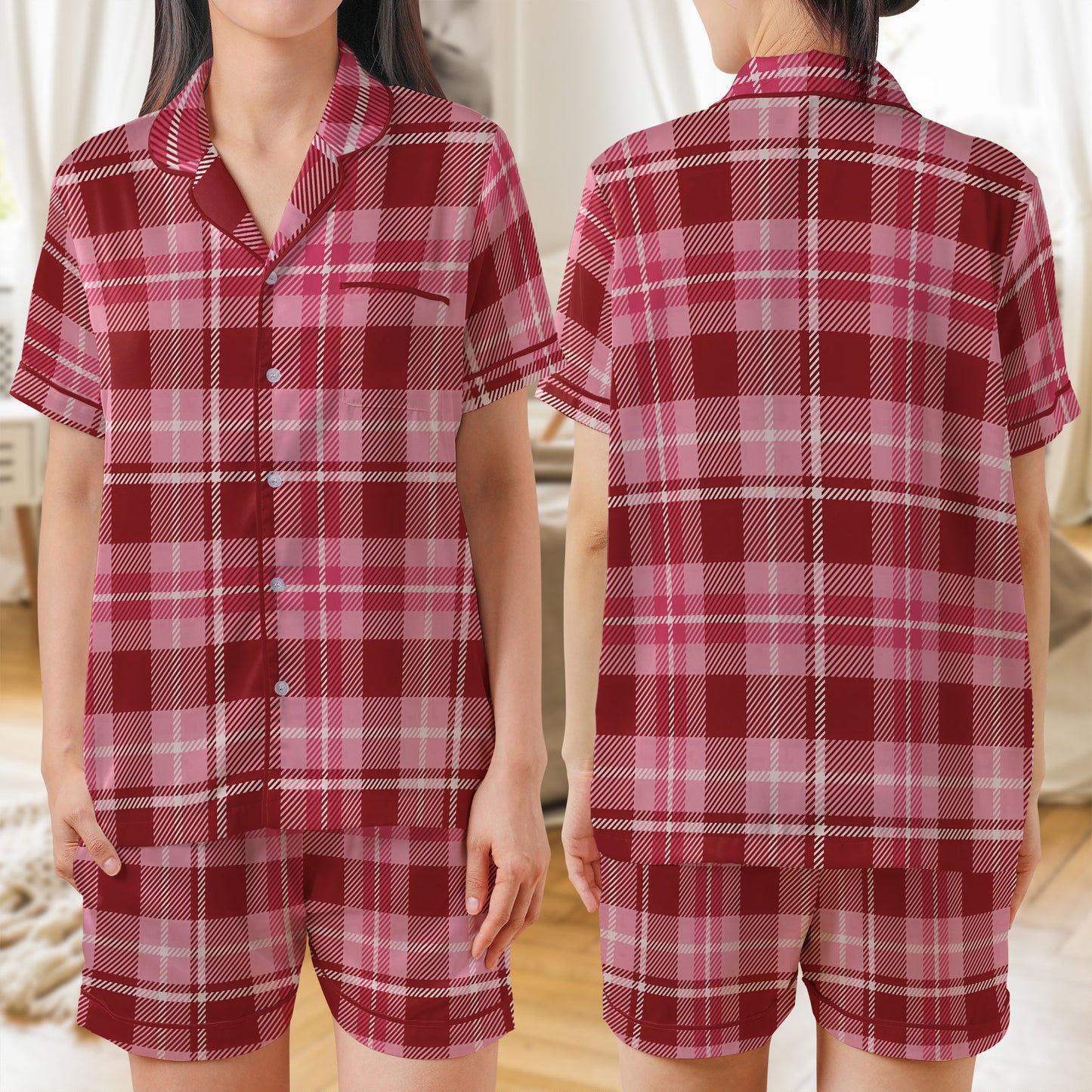 Tartan AOP Satin Short-Sleeve Pajamas Set