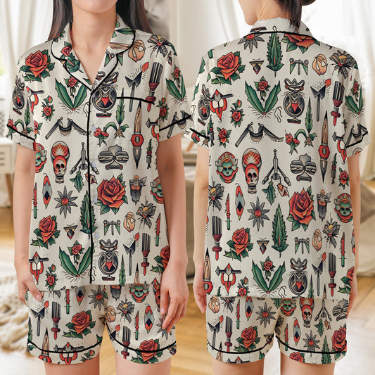 Tattoo Artist AOP Satin Short-Sleeve Pajamas Set