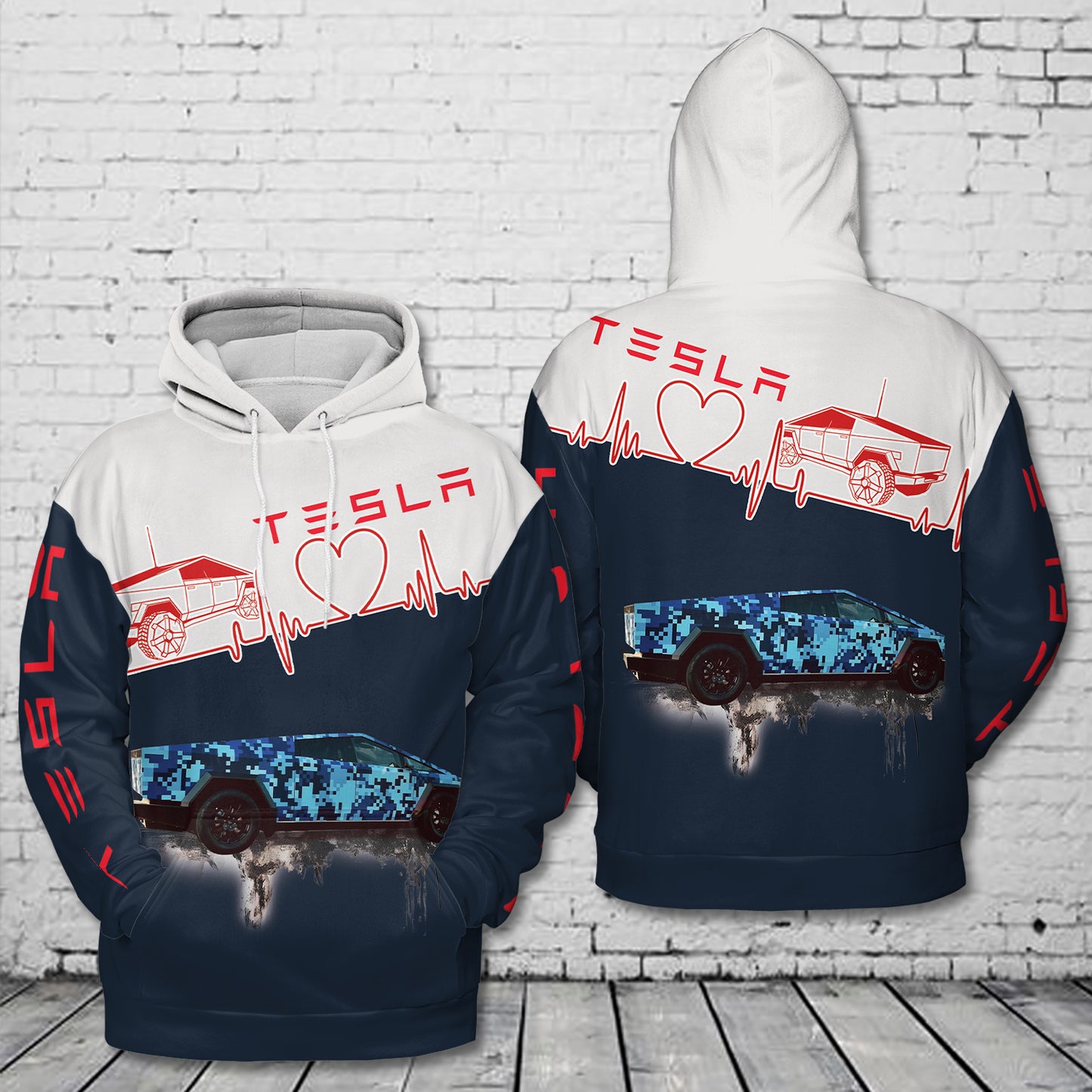Tesla Cybertruck Blue Digital Camo 3D Hoodie
