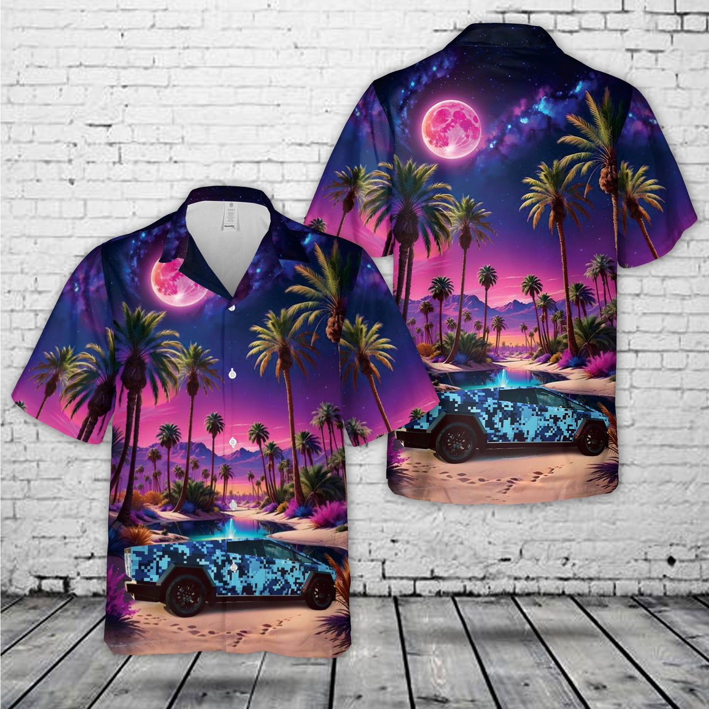 Tesla Cybertruck Blue Digital Camo Hawaiian Shirt