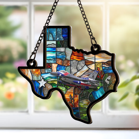 Texas Air National Guard 182d Fighter Squadron F-16 Fighting Falcon Stained Glass Suncatcher for Window Hanging