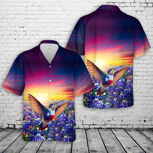 Texas Hummingbird and Flag Bluebonnet Hawaiian Shirt
