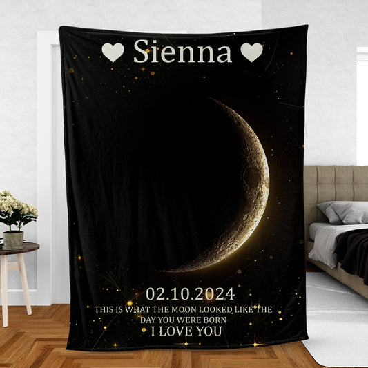 Custom Name and Date The Day You Were Born Moon Phase Fleece Blanket (Made in US) NLSI0404PL04