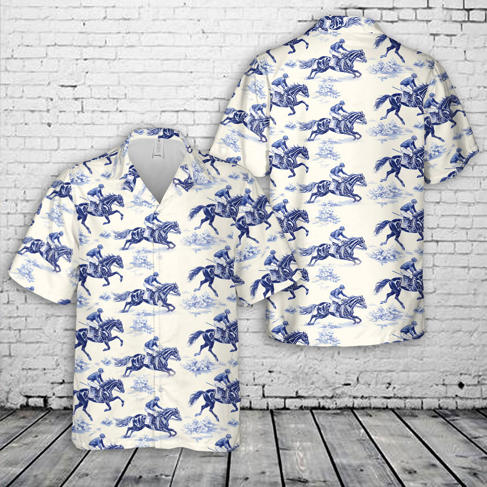 Toile de Jouy pattern of a vintage horse race with jockeys Hawaiian Shirt