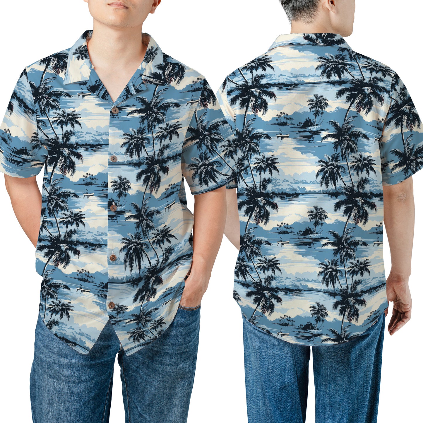 Tropical Area Seamless Pattern In Blue And Black With Palm Trees Regular Fit Hawaiian Shirt
