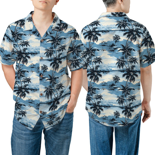Tropical Area Seamless Pattern In Blue And Black With Palm Trees Regular Fit Hawaiian Shirt