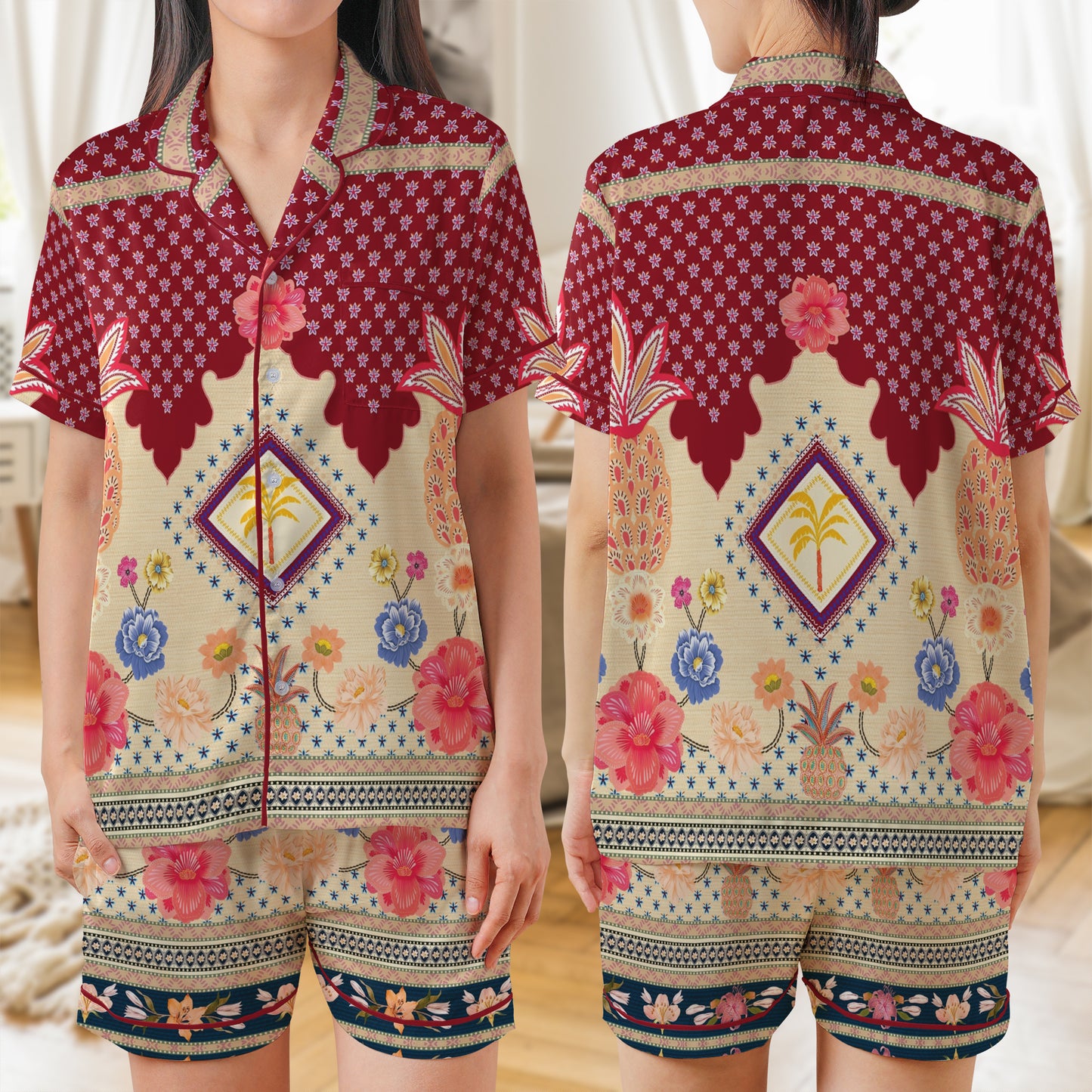 Tropical Flower AOP Satin Short-Sleeve Pajamas Set