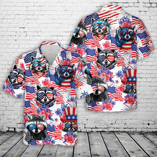 Tropical Raccoon US Flag, 4th Of July Hawaiian Shirt