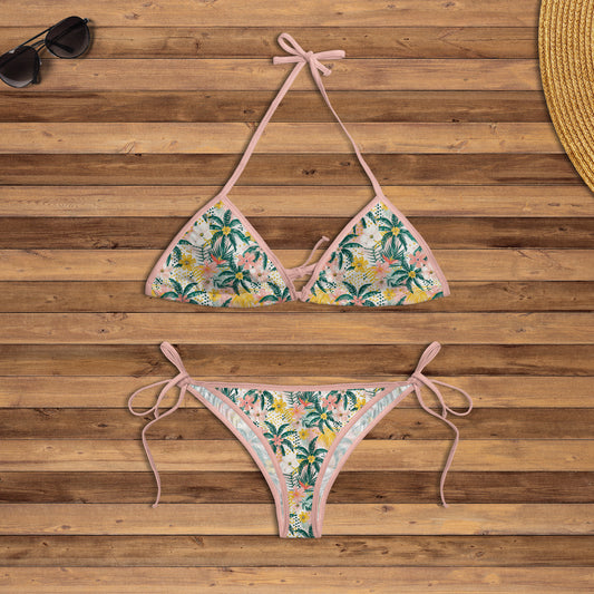 Tropical flowers and palm leaves AOP String Bikini