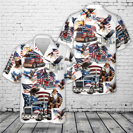 Trucker Truck with Eagle and American Flag, 4th Of July Hawaiian Shirt